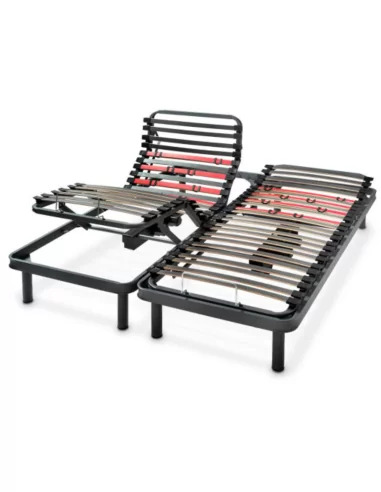 Adjustable bed frame with one section raised, showing the independent adjustment mechanism Adjustable bed frame with one section raised, showing the independent adjustment mechanism
