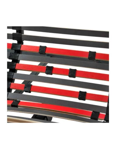 Detalhe das lâminas do estrado articulado elétrico dividido, com faixas vermelhas e pretas para suporte e flexibilidade.