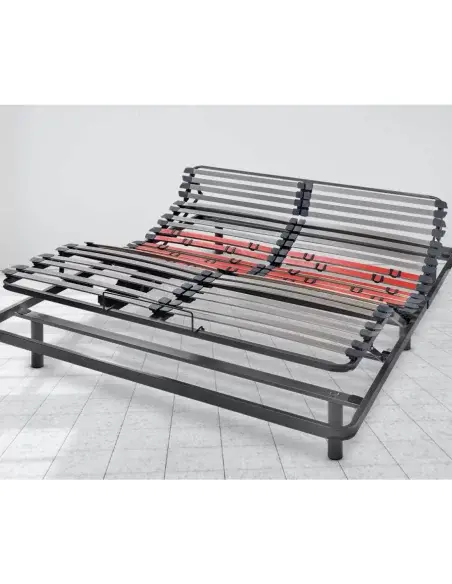 Electric adjustable bed frame with headrest and footrest raised in a room with tiled floor