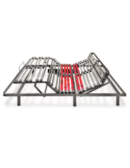 Electric adjustable bed frame with red and black slats, with the headrest raised