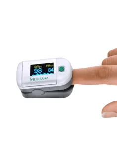 Pantalla del Pulsioxímetro Medisana PM100 mostrando oxígeno y frecuencia cardíaca 2