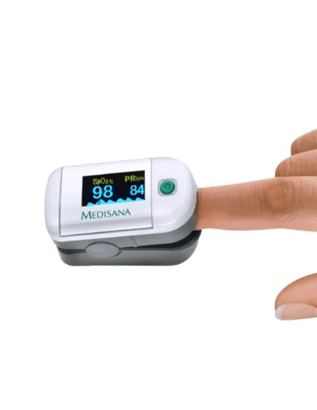 Medisana PM100 Pulse Oximeter displaying oxygen levels and pulse