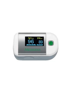 Pantalla del Pulsioxímetro Medisana PM100 mostrando oxígeno y frecuencia cardíaca