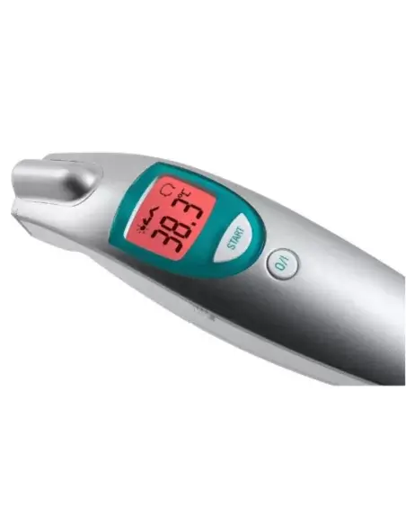 Medisana FTN thermometer displaying high temperature on a red screen