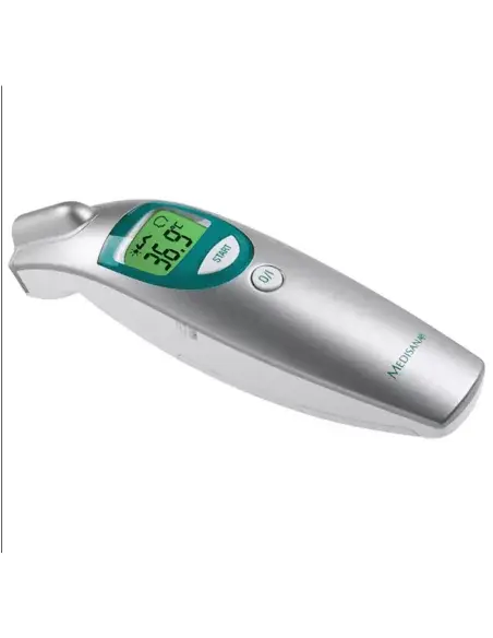 Medisana FTN thermometer displaying accurate temperature on a green screen