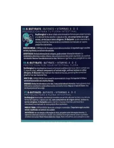 Parte trasera de la caja de K-Butyrate de 30 cápsulas con instrucciones