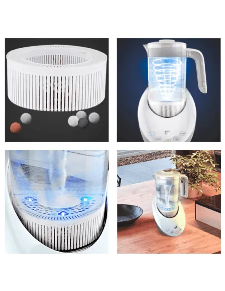 Collage de jarra hidrogenadora Fastome con filtro, luz LED y detalle del vórtice