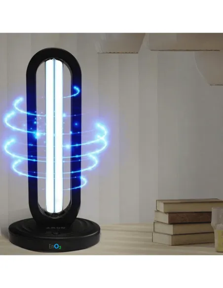 Lâmpada germicida de ozono UV-C EnO3 a desinfetar ar e superfícies com luz azul