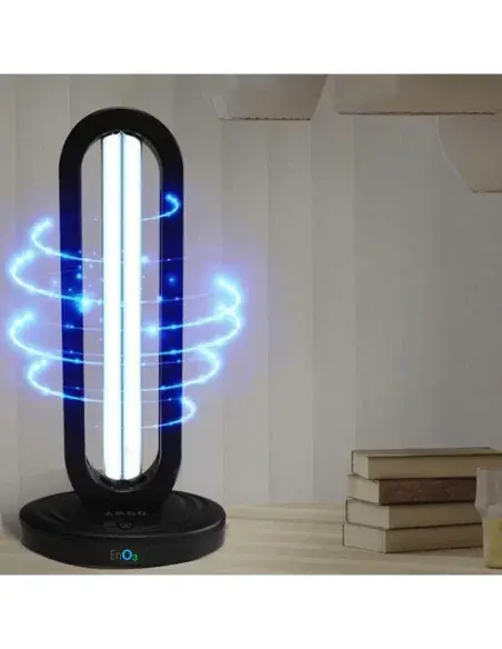 Lámpara germicida de ozono UV-C EnO3 desinfectando aire y superficies con luz azul