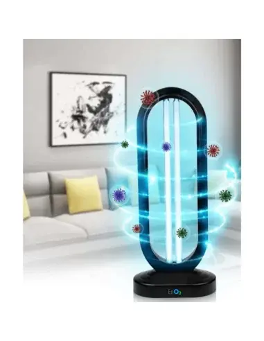 Lâmpada UV-C de ozono EnO3 a desinfetar ar e superfícies numa sala de estar