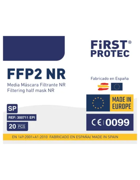 Label of FFP2 NR First Protec mask box, pack of 20 units, made in Spain with CE certification
