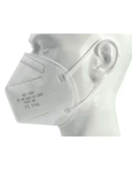 FFP2 NR First Protec mask on a mannequin showing certification details
