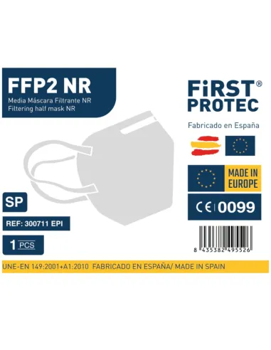 Label of FFP2 NR First Protec mask made in Spain with CE certification