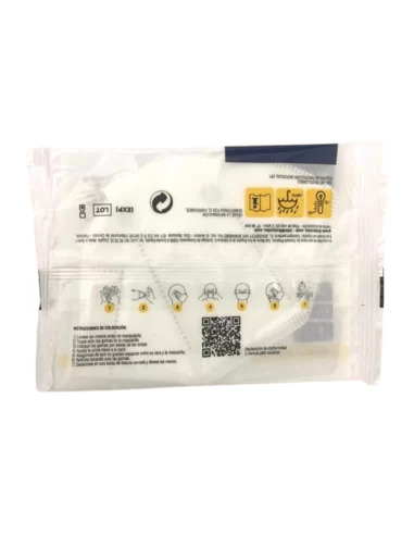 Parte trasera del envoltorio de mascarilla FFP2 NR First Protec con instrucciones de uso Parte trasera del envoltorio de mascarilla FFP2 NR First Protec con instrucciones de uso