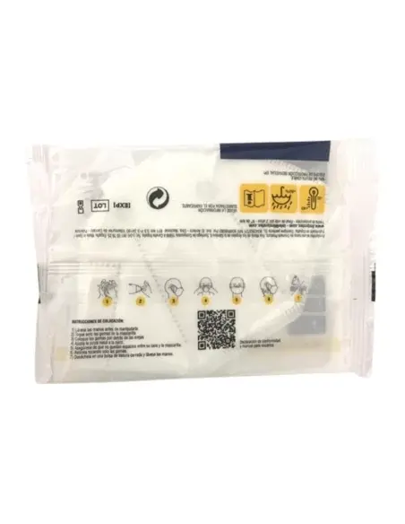 Parte trasera del envoltorio de mascarilla FFP2 NR First Protec con instrucciones de uso