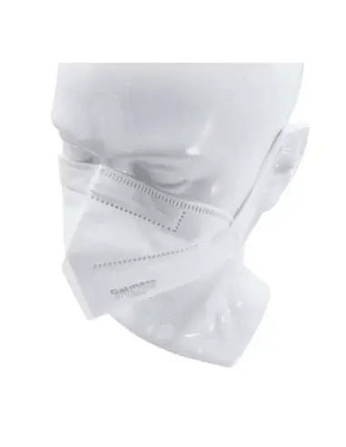 Diagonal view of FFP2 Galmask mask on a mannequin, showing fit and protection