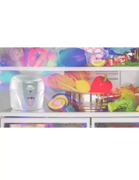 Gerador de Ozono dentro de uma nevera ao lado de frutas e legumes frescos