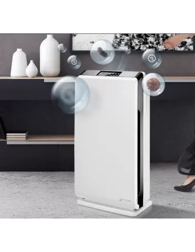 Purificador de ozono FASTOME em funcionamento numa sala de estar Purificador de ozono FASTOME em funcionamento numa sala de estar