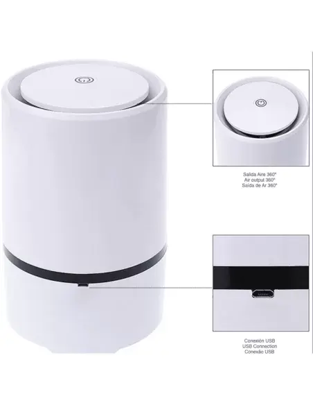 Compact air purifier with 360-degree air output and USB connection