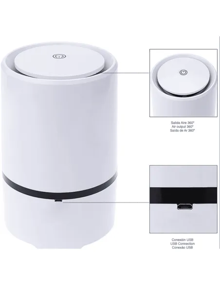Purificador de ar compacto com saída de ar de 360 graus e conexão USB