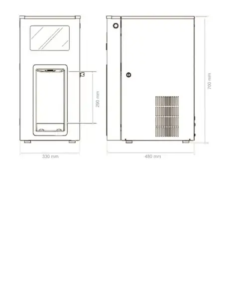 Dimension diagram of the FASTOME beverage dispenser