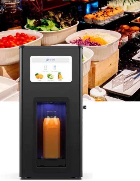 FASTOME beverage dispenser at a restaurant buffet with an orange juice bottle