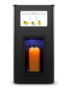 Front view of the FASTOME professional beverage dispenser with an orange juice bottle