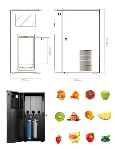 Diagrama y componentes del dispensador de bebidas FASTOME junto a frutas variadas
