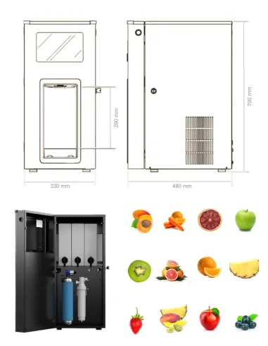 Diagram and components of the FASTOME beverage dispenser alongside assorted fruits