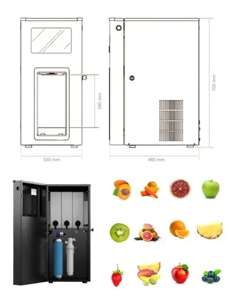 Diagrama y componentes del dispensador de bebidas FASTOME junto a frutas variadas