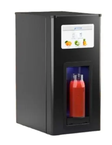 Front view of the FASTOME beverage dispenser with a red juice bottle
