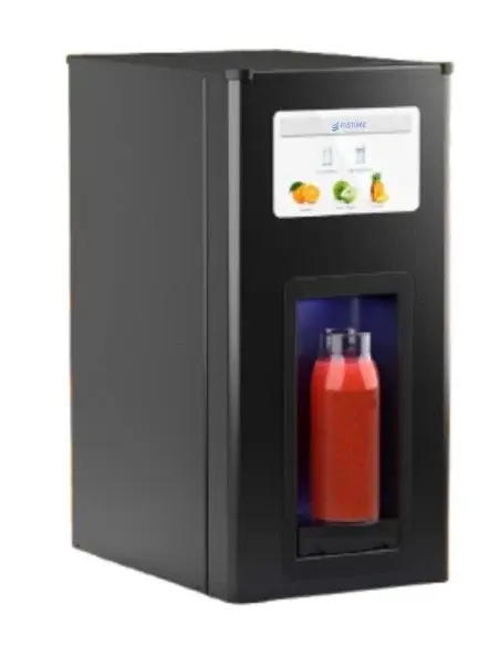 Front view of the FASTOME beverage dispenser with a red juice bottle