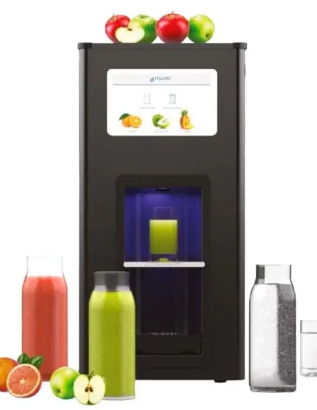 FASTOME beverage dispenser with digital screen, juices, and water with decorative fruits