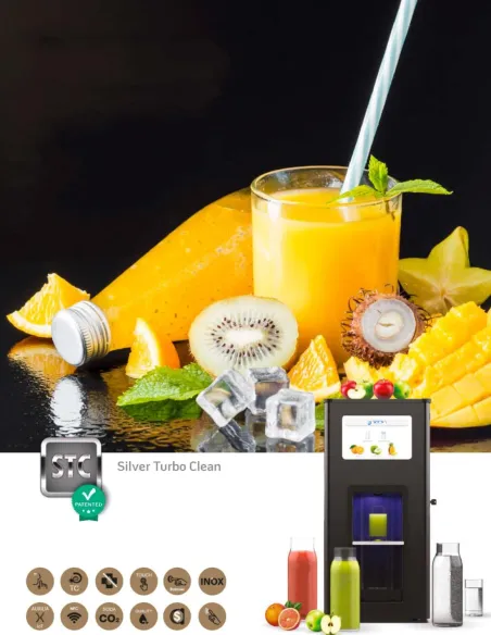 FASTOME beverage dispenser with a glass of juice, ice, and decorative fruits