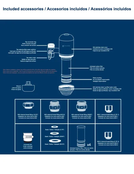 Accesorios incluidos para filtro de agua de grifo en acero