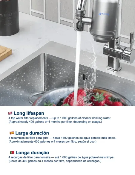 FASTOME faucet water filter in use with filtered water and fruits – Replacement cartridges lasting up to 1600 gallons