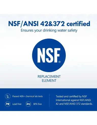NSF/ANSI 42 and 372 certification for FASTOME replacement cartridge – Lead-free and BPA-free, safe for drinking water