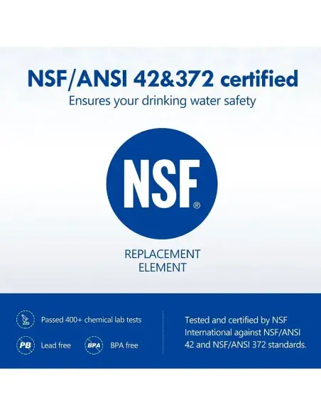 NSF/ANSI 42 and 372 certification for FASTOME replacement cartridge – Lead-free and BPA-free, safe for drinking water