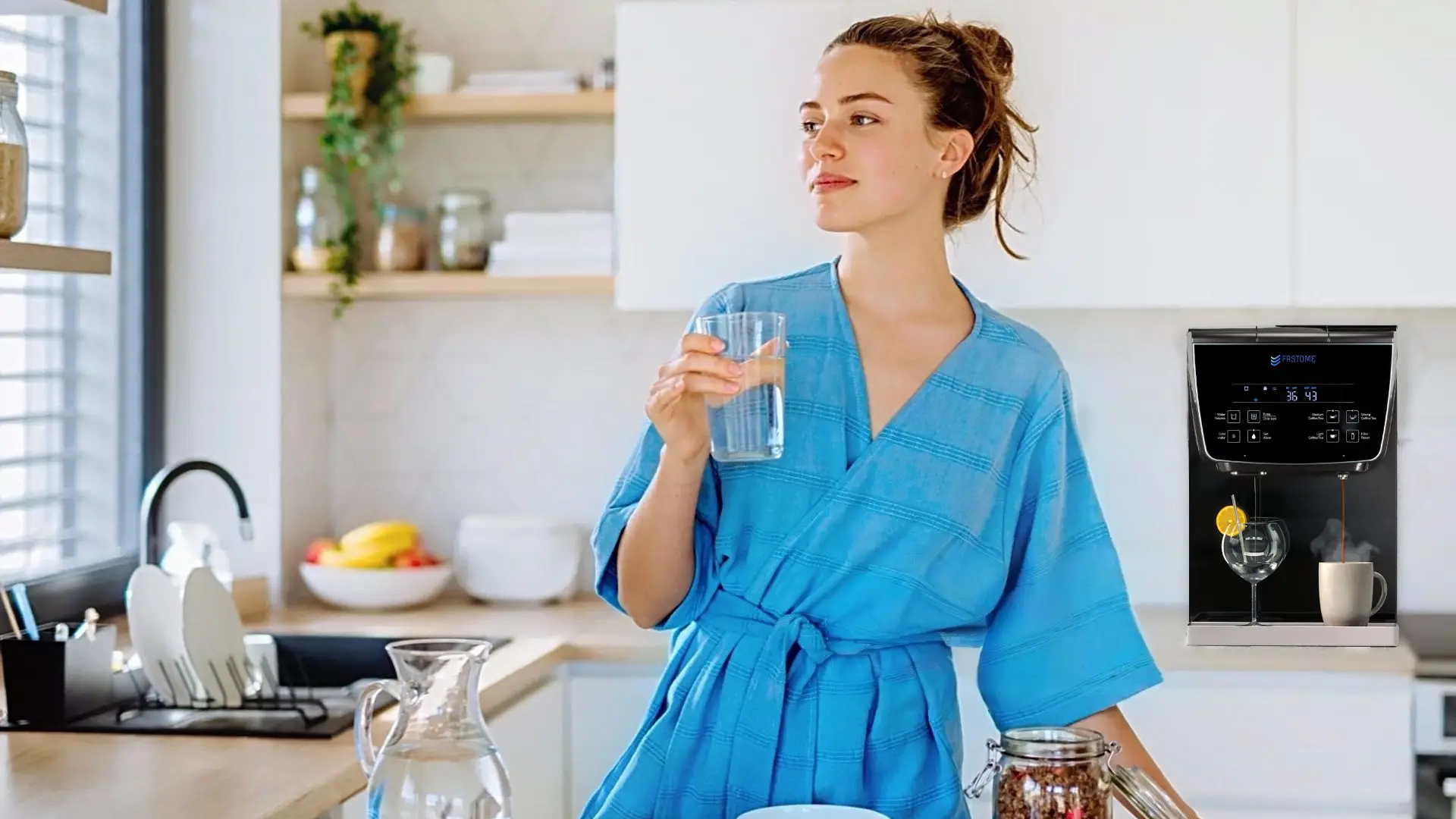 Woman drinking purified water at home with Fastome water purification system